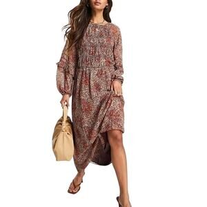 New MNG Mango Chiffon Floral Print Maxi Dress Smocked Ruffles‎ Sz XS